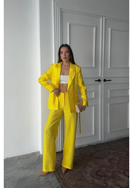 Neon Beli Kuşaklı Ceket ve Pantolon Parlak Takım