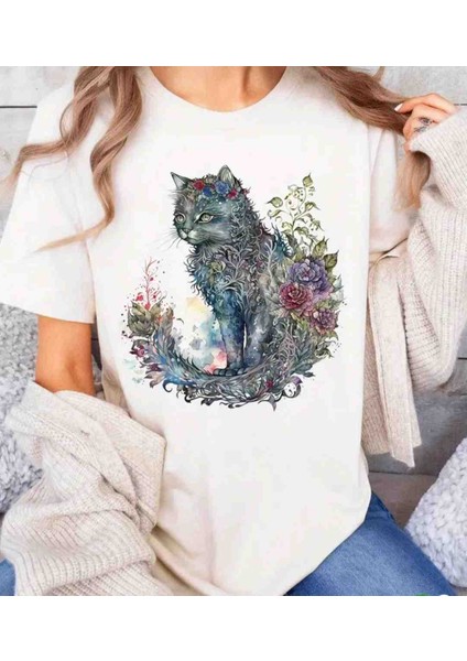 Çiçek Kedi Baskılı Özel Tasarım Oversize Tshirt