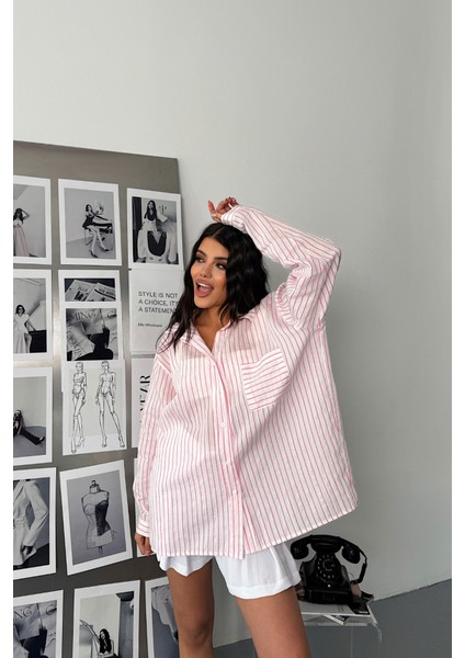 Simli Çizgili Vual Gömlek - Pembe