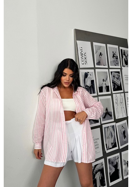 Simli Çizgili Vual Gömlek - Pembe