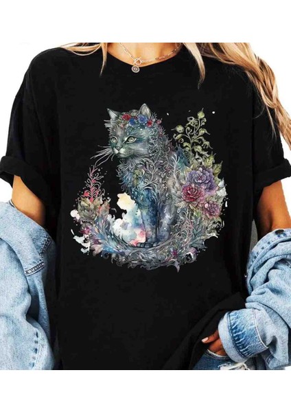 Çiçek Kedi Baskılı Özel Tasarım Oversize Tshirt