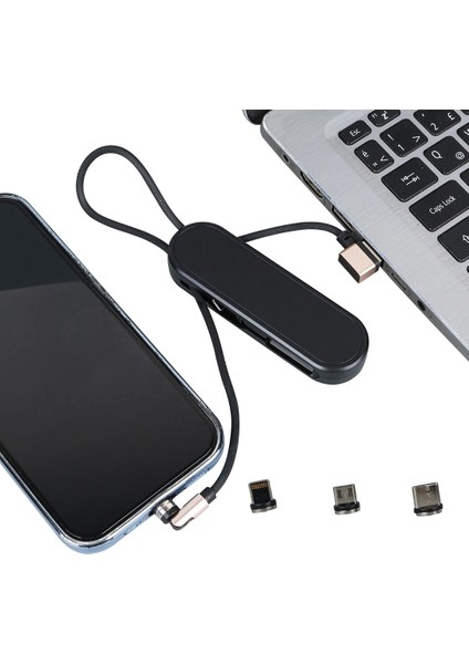 Siyah 3in1 (Type C- Lightning- Micro Usb) Manyetik Uç Taşınabilir Şarj Kablosu (5047)