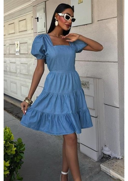 Kare Yakalı ve Gipe Detaylı Tensel Elbise 2883