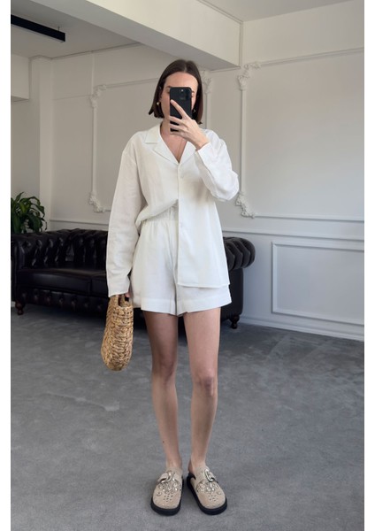 Gömlekli Orj Keten Takım- Beyaz