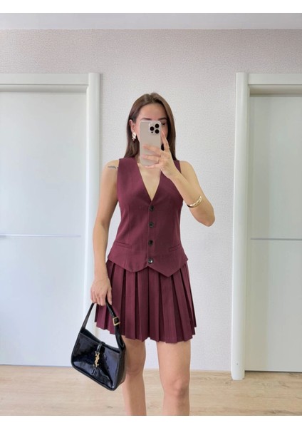 Takım Görünümlu Yelekli Mini Elbise- Bordo