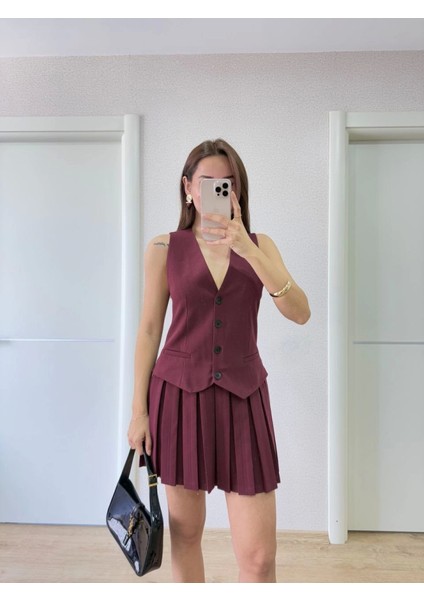 Takım Görünümlu Yelekli Mini Elbise- Bordo