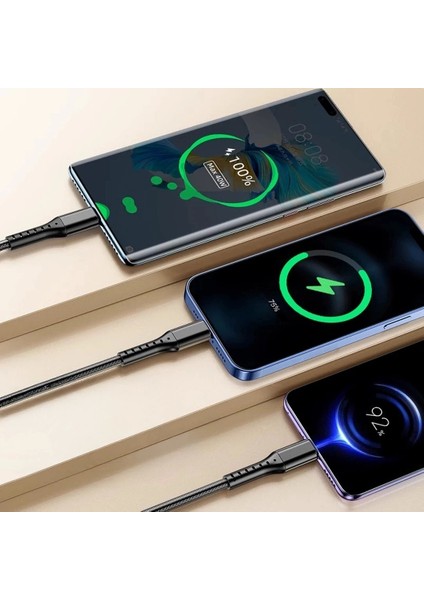 3ın1 Siyah 1.2 Metre (Mıcro USB - Lıghtnıng - Type C) Telefon Şarj Kablosu (5047)