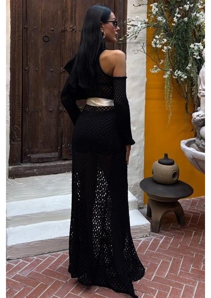 Saten Kuşaklı Ajurlu Triko Elbise 2847