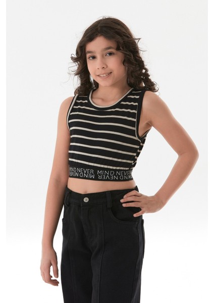 Çizgili Fitilli Beli Lastikli Kız Çocuk Crop Body