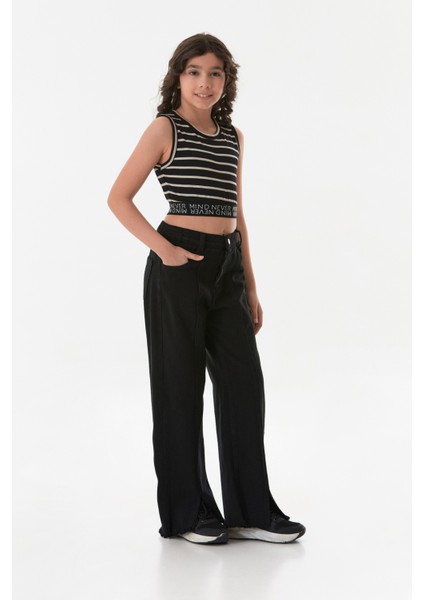 Çizgili Fitilli Beli Lastikli Kız Çocuk Crop Body