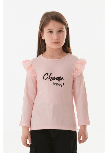 Fitilli Choose Happy Baskılı Kolu Fırfırlı Kız Çocuk Body