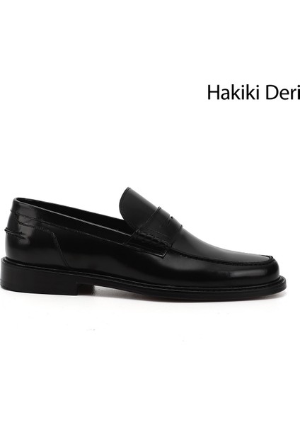 Erkek Siyah Açma Kösele Taban Hakiki Deri Loafer Ayakkabı