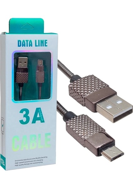 3 Amper Metal Yaylı Mıcro USB Data ve Şarj Kablosu 1 Metre (5047)