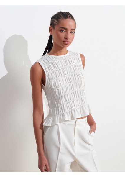 50845 Kolsuz Crop Bluz-Ekru