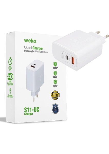 WK-21446 S11-UC 25 Watt 3.0 Amper Type-C + USB Şarj Başlık Adaptörü (5047)