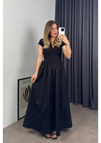 Siyah Kısa Kollu Fermuar Detaylı Gömlek Yaka Çan Elbise