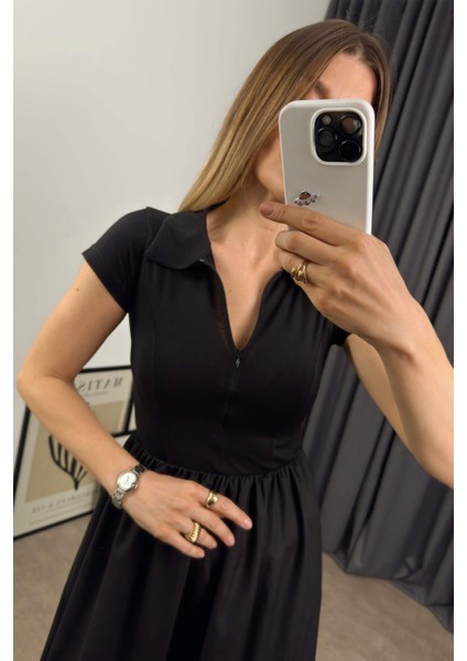 Siyah Kısa Kollu Fermuar Detaylı Gömlek Yaka Çan Elbise fiyatları