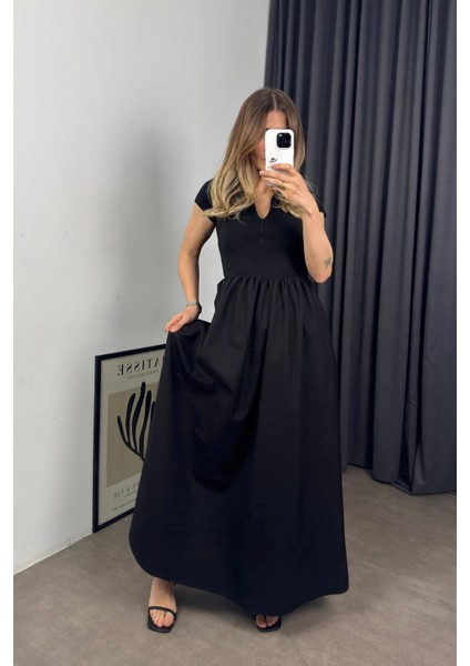 Siyah Kısa Kollu Fermuar Detaylı Gömlek Yaka Çan Elbise modelleri