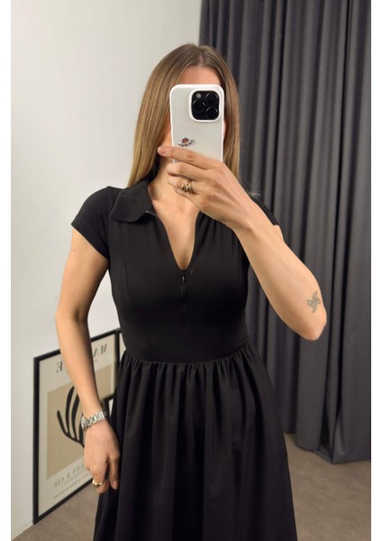 Siyah Kısa Kollu Fermuar Detaylı Gömlek Yaka Çan Elbise indirimleri