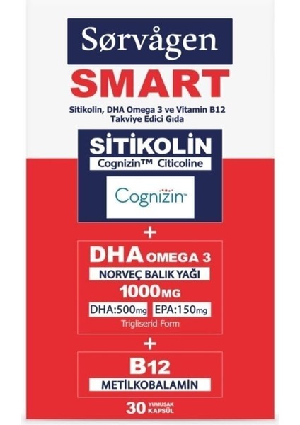 Smart Sitikolin Dha Omega 3 ve B12 30 Kapsül 3 Adet fiyatları