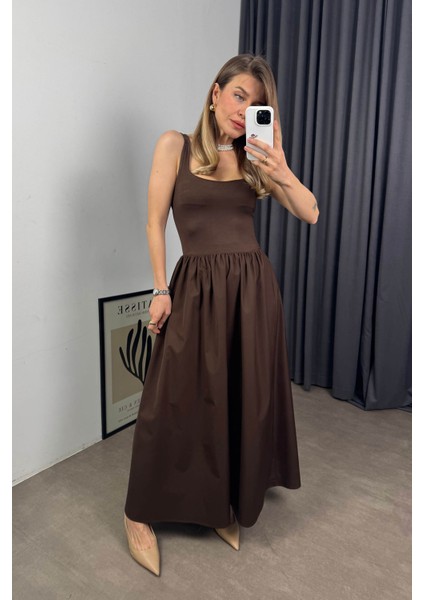Kahverengi Kalın Askılı Kiloş Etekli Elbise indirimleri