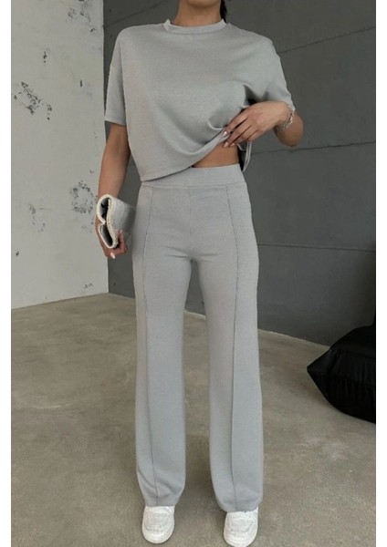 Modal Kumaş Yüksek Bel Pantolon Crop & Pantolon Takım