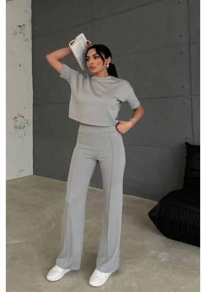 Modal Kumaş Yüksek Bel Pantolon Crop & Pantolon Takım