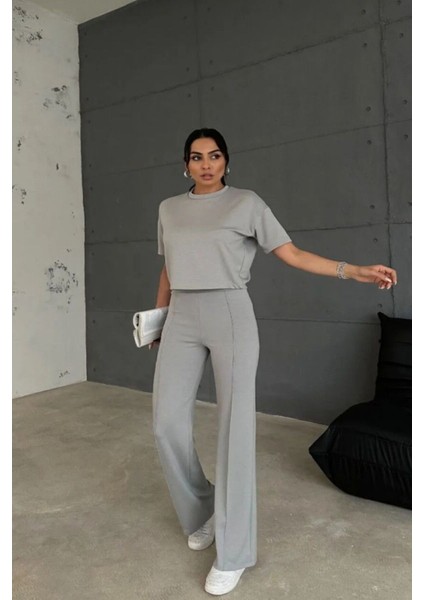 Modal Kumaş Yüksek Bel Pantolon Crop & Pantolon Takım