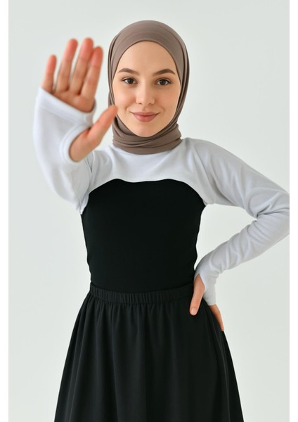 Beyaz Bisiklet Parmaklı Tesettür Boyunluk | Uzun Kollu Kolluklu Body Bluz Bolero Rahat Tasarım