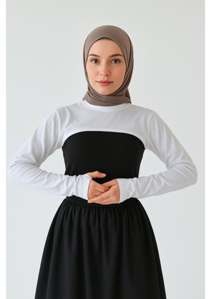 Beyaz Bisiklet Parmaklı Tesettür Boyunluk | Uzun Kollu Kolluklu Body Bluz Bolero Rahat Tasarım