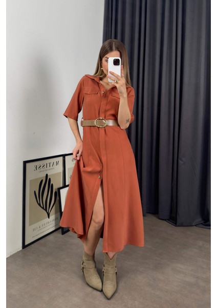 Tarçın Rengi Kısa Kollu Midi Boy Tensel Elbise