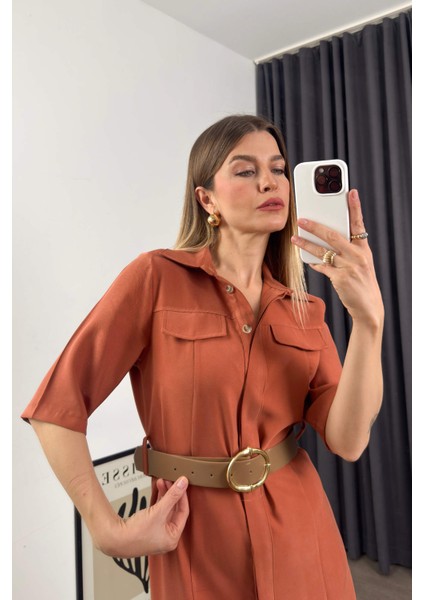 Tarçın Rengi Kısa Kollu Midi Boy Tensel Elbise fiyatları