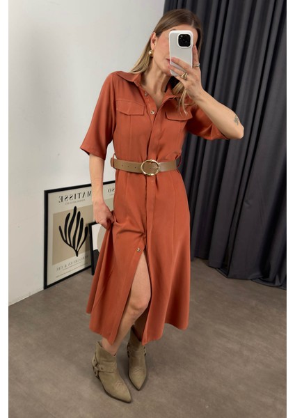 Tarçın Rengi Kısa Kollu Midi Boy Tensel Elbise modelleri