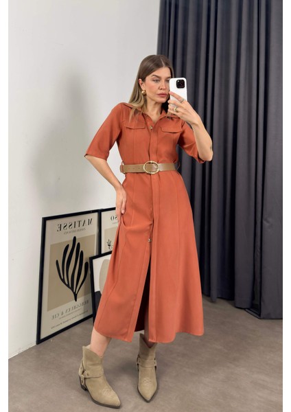 Tarçın Rengi Kısa Kollu Midi Boy Tensel Elbise fırsatları