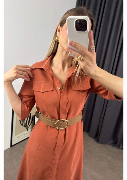 Tarçın Rengi Kısa Kollu Midi Boy Tensel Elbise indirimleri