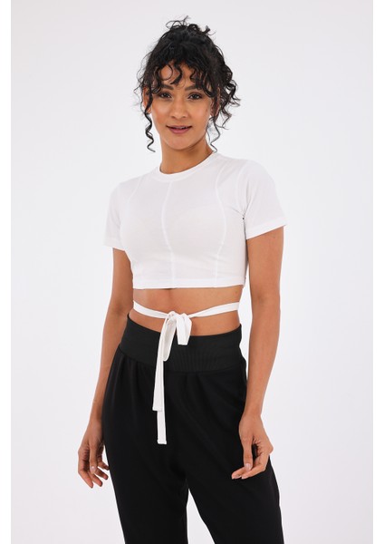 Viora Kadın Kısa Kollu Belden Bağlamalı Yoga Tişörtü Beyaz