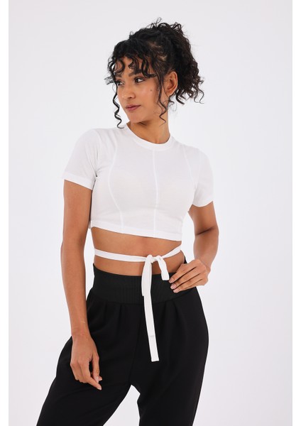 Viora Kadın Kısa Kollu Belden Bağlamalı Yoga Tişörtü Beyaz fiyatları