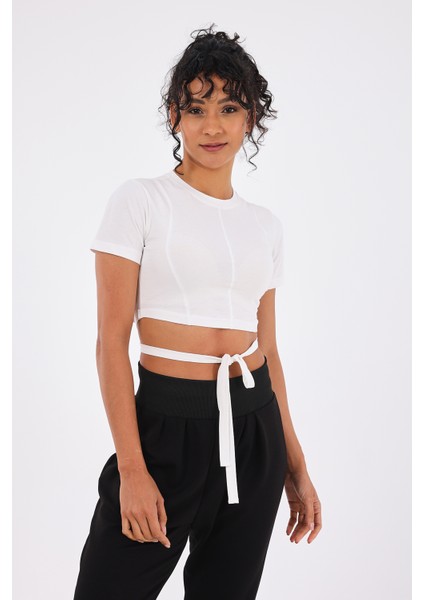 Viora Kadın Kısa Kollu Belden Bağlamalı Yoga Tişörtü Beyaz modelleri
