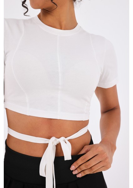 Viora Kadın Kısa Kollu Belden Bağlamalı Yoga Tişörtü Beyaz indirimleri