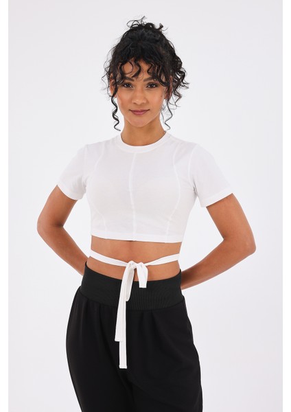 Viora Kadın Kısa Kollu Belden Bağlamalı Yoga Tişörtü Beyaz