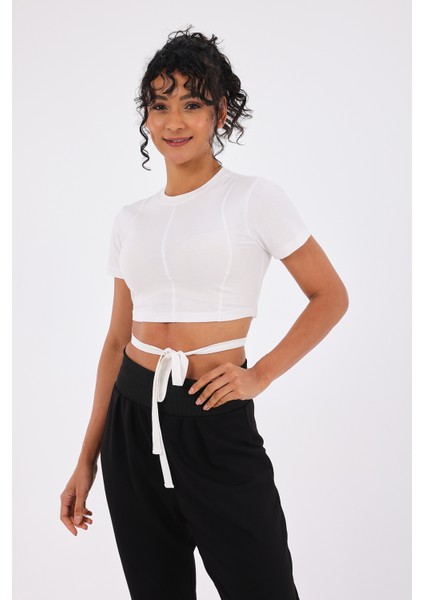 Viora Kadın Kısa Kollu Belden Bağlamalı Yoga Tişörtü Beyaz