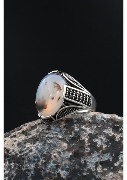 925 Ayar Gümüş Erkek Yüzüğü Yemen Akik Taşlı Mikro Taş Süslemeli 901769