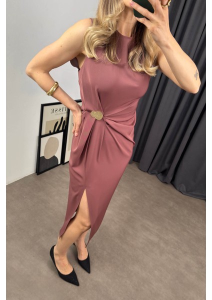 Gül Kurusu Beli Büzgülü Düğme Detaylı Yırtmaçlı Elbise fiyatları