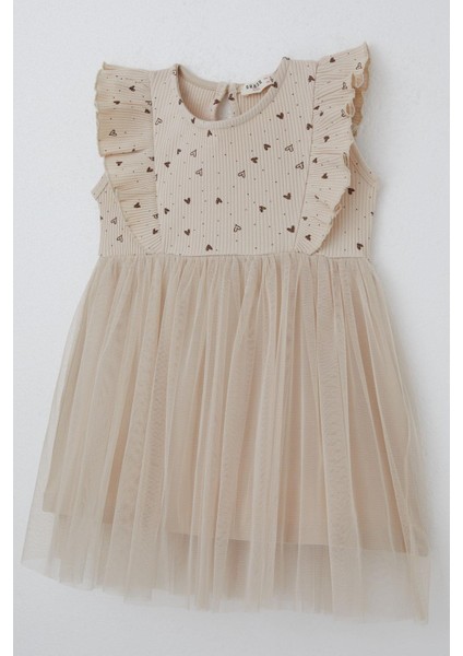 Kız Bebek Elbise Kalp Desenli Tüllü Fırfırlı 9 Ay-3 Yaş, Bej modelleri