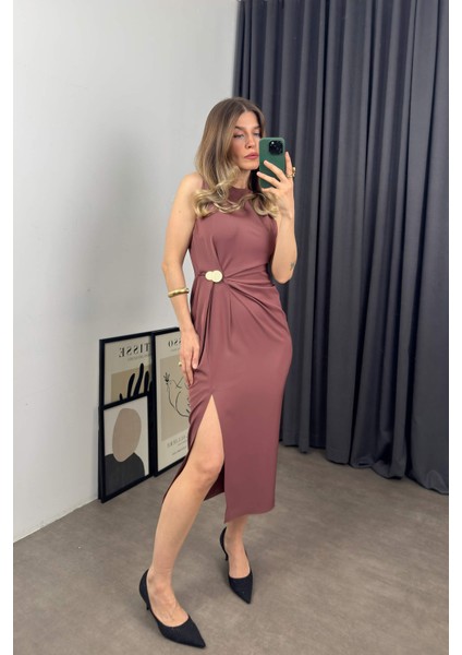 Gül Kurusu Beli Büzgülü Düğme Detaylı Yırtmaçlı Elbise indirimleri