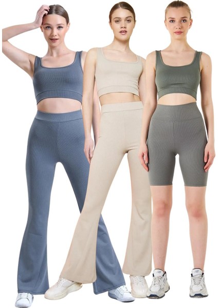 Fitilli Kare Yaka Esnek Örme Crop Büstiyer 3'lü Atlet Set