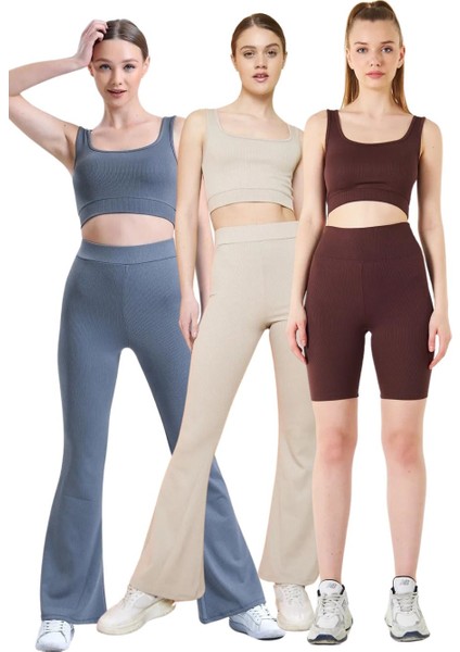 Fitilli Kare Yaka Esnek Örme Crop Büstiyer 3'lü Atlet Set