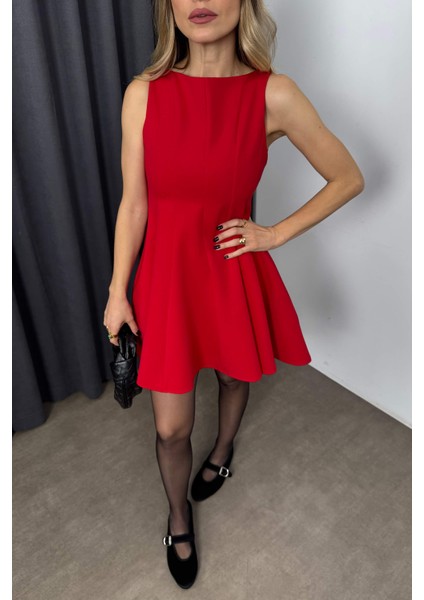 Kırmızı Sıfır Kol Premium Mini Elbise