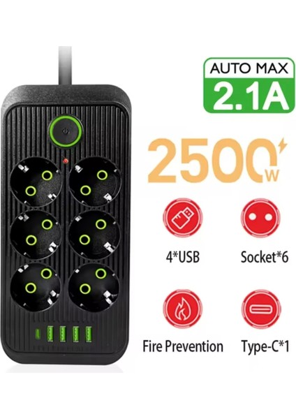 6 Soket 4 USB 1 Pd Şarj Termal Akım Korumalı Priz 2 Metre Kablo Çoklu Priz 6 Lı Priz