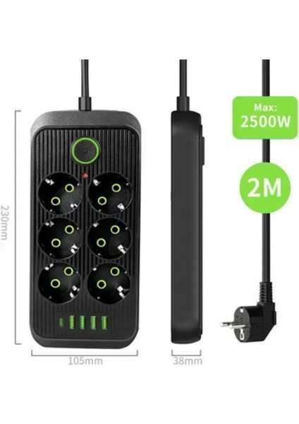 6 Soket 4 USB 1 Pd Şarj Termal Akım Korumalı Priz 2 Metre Kablo Çoklu Priz 6 Lı Priz
